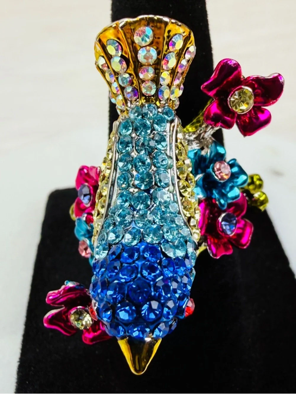 Colorful Bird size 5 3/4 Statement Ring with Crystals